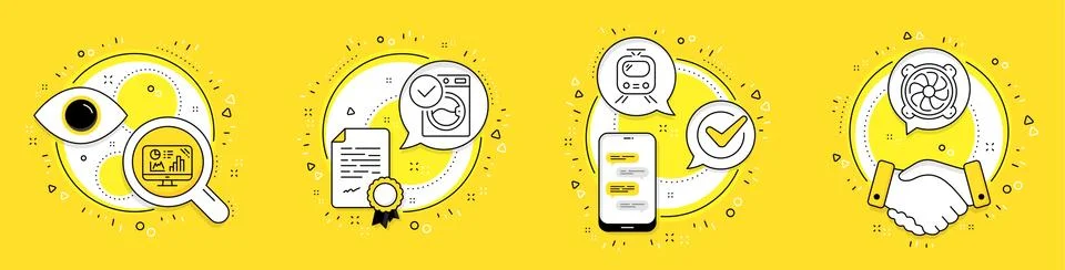 Analytics graph, Train and Washing machine icons set. Computer fan sign. Growth Stock Illustration