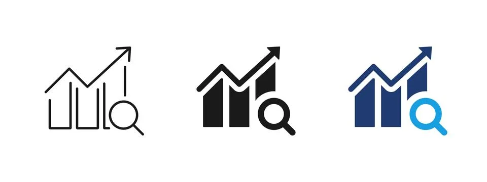 Analytics growth icon showing chart with arrow and magnifying glass. Data a.. Stock Illustration