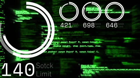 Analytics HUD responding to scrolling code, filling gauge, animating rings, Video stock 331169107