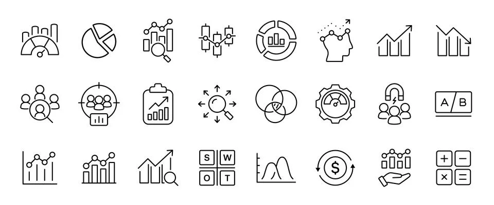 Analytics icon set with 25 outline icons. Data analysis, metrics, KPI, ROI,.. Stock Illustration