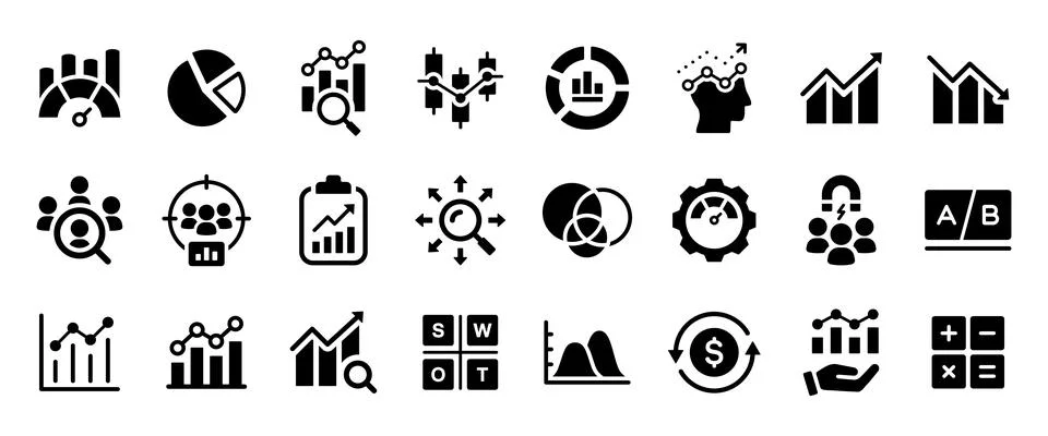 Analytics icon set with 25 solid icons. Data analysis, metrics, KPI, ROI, s.. Stock Illustration