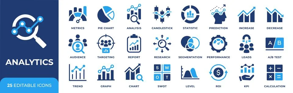 Analytics icon set with 25 vector icons. Data analysis, metrics, KPI, ROI, .. Stock Illustration