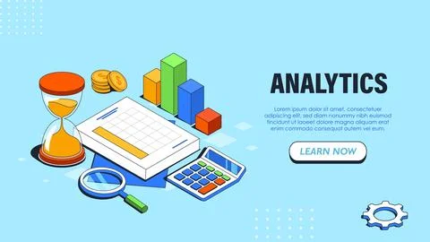 Analytics isometric poster. Magnifying glass, clipboard and hourglasses Stock Illustration