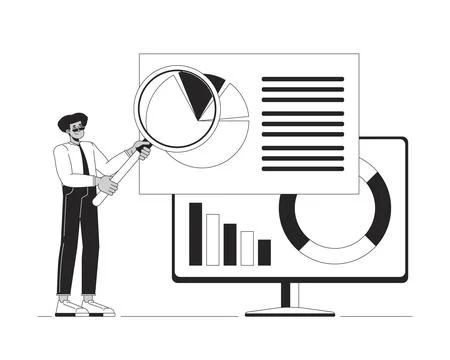 Analytics magnifying glass black and white 2D illustration concept Stock Illustration