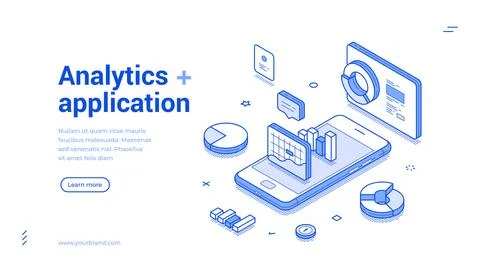 Analytics mobile application business data analyzing isometric web banner d.. Illustrazione stock