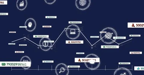 Analytics network receiving data, updating graph and animating node icons for Stock Photos