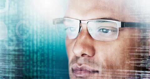 Analytics, overlay and 3d digital while businessman online for fintech using ux Stock Photos