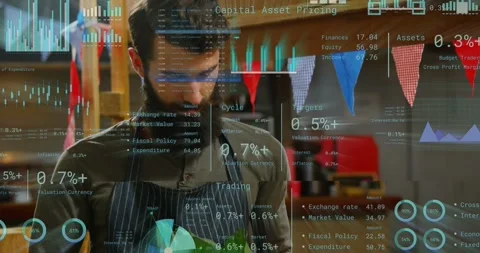 Analytics overlay appearing, bearded shop worker handling cabbage and fruit Stock Footage 333965801