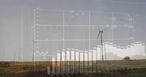 Analytics overlay fading in, causing 3D bars rising by large wind turbine, Stock Footage 331873021
