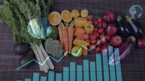 Analytics overlaying produce after data prompt showing bars line graph percent Stock Footage 333105350