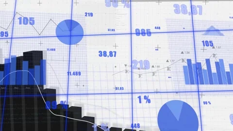 Analytics panel updating on data update, black 3D skyline growing, white trend Stock Footage 332566564