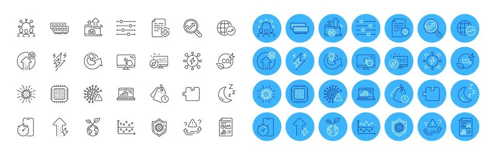 Analytics, Report document and 5g internet line icons pack. For web app. Color Ilustración de archivo