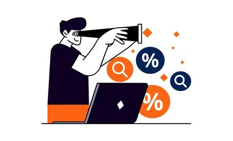 Analytics research with telescope and laptop illustration, Flat vector of man イラスト素材