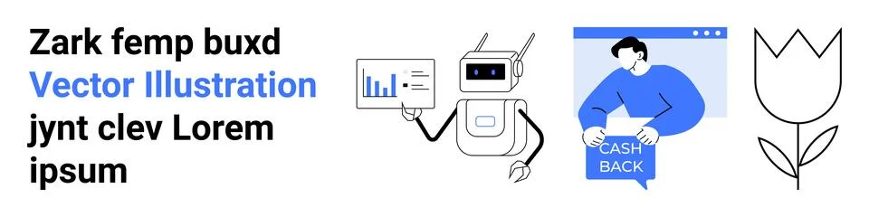 Analytics robot presenting chart, person holding cashback banner on web page, Stock Illustration
