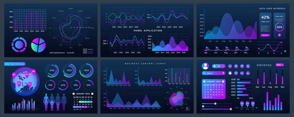 Analytics screen. Dashboard data graph. Panel application UI graphic. Statistic 스톡 일러스트