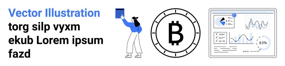 Analytics screen displays charts, graphs, and a Bitcoin symbol, complemented  Illustrazione stock