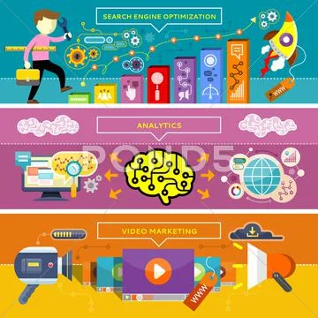 Analytics, SEO Optimization and Video Marketing Stock Illustration