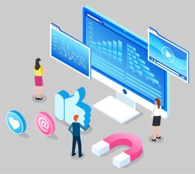 Analytics of social website, targeting, digital marketing, businesspeople Illustrazione stock