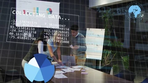 Analytics team checking laptop, starting overlays over papers and analyzing data Stock Footage 333368446
