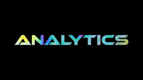 Analytics text on black background. Multicolored glossy technological word .. Illustrazione stock