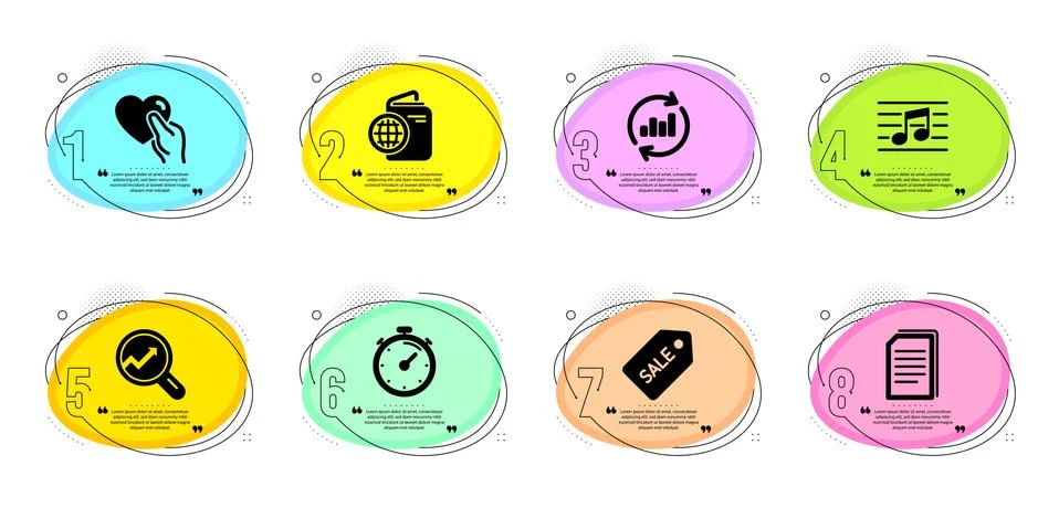 Analytics, Timer and Update data icons set. Hold heart, Musical note and Copy Stock Illustration