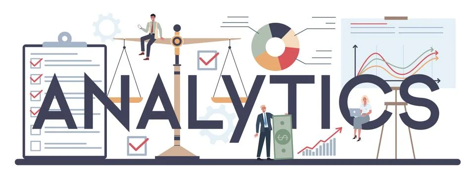 Analytics typographic header. Business character making financial Illustrazione stock