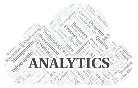 Analytics typography word cloud create with the text only. Stock Illustration