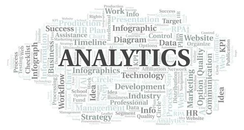 Analytics typography word cloud create with the text only. Stock Illustration