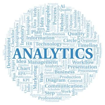 Analytics typography word cloud create with the text only. Stock Illustration