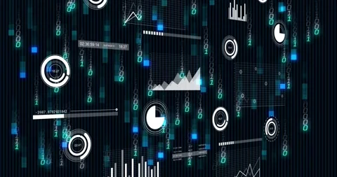 Analytics widgets sliding, updating with falling binary digits increasing, Stock Footage 331176275