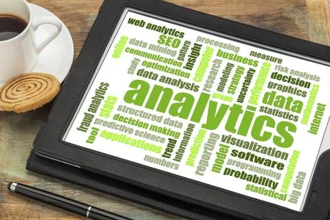 Analytics word cloud on digital tablet analytics and data analysis word cl... Stock Photos