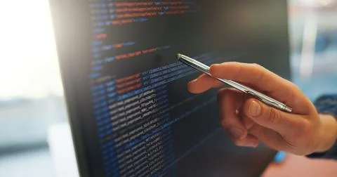 Analyze, code or hand in office with computer screen, software error or dat.. 스톡 사진