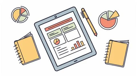 Analyze data efficiently with this tablet notebooks and pen Simple charts and Stock Illustration