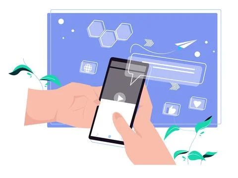 Analyze data via mobile. hand holding cell phone. vector illustration. Stock Illustration