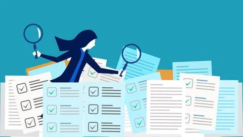 Analyze documents or financial statements. Investigate business documents wit Stockillustratie