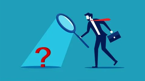 Analyze the problem. looking at the question mark with a magnifying glass Stockillustratie