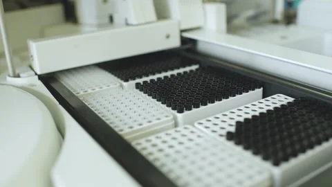 Analyzer with containers with test tubes in close-up in a PCR laboratory Stock-Footage 170199284