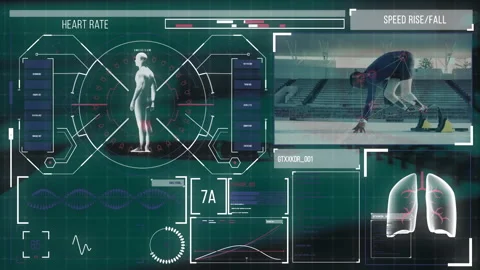 Analyzing athletic performance data, futuristic animation over athlete running Stock Footage 305020629