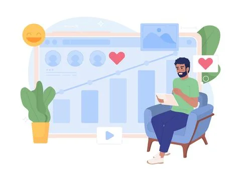 Analyzing audience data on social media flat concept vector spot illustration Stock Illustration