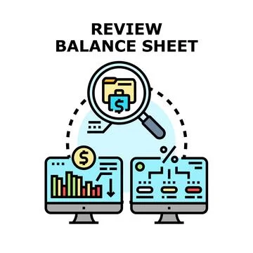 Analyzing balance sheet financial data on computers Stock Illustration