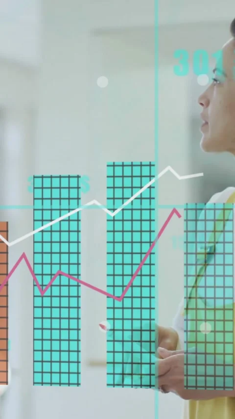 Analyzing bar and line graphs, businesswoman giving animation presentation in Stock Footage 344404128