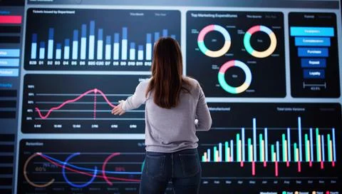 Analyzing big data on artificial intelligence dashboard Stock Photos