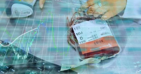 Analyzing blood sample data on computer, hands typing on keyboard Foto stock