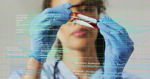Analyzing blood sample, scientist with blue gloves over programming code Stock Footage 306433006