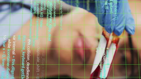 Analyzing blood sample, scientist with blue gloves over programming code Stock Footage 312798278