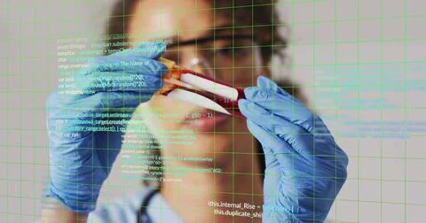 Analyzing blood sample, scientist with blue gloves over programming code image Stock Illustration