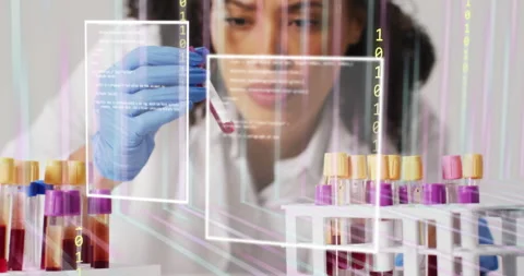 Analyzing blood samples, scientist with test tubes over digital data and coding Stock Footage 306432962