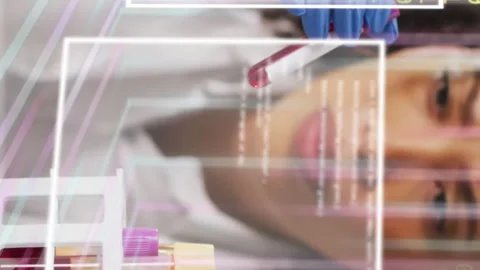 Analyzing blood samples, scientist with test tubes over digital data and coding Stock Footage 313170778