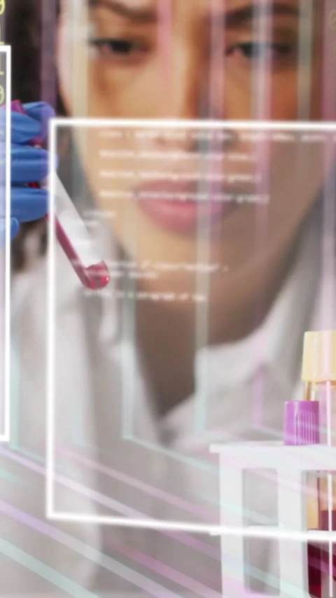 Analyzing blood samples, scientist with test tubes over digital data and coding Stock Footage 320093218