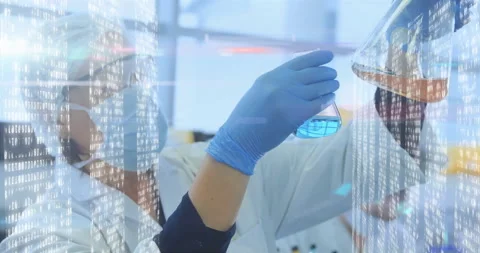 Analyzing blue liquid, scientist in lab coat with animation of data processing Stock Footage 305078666